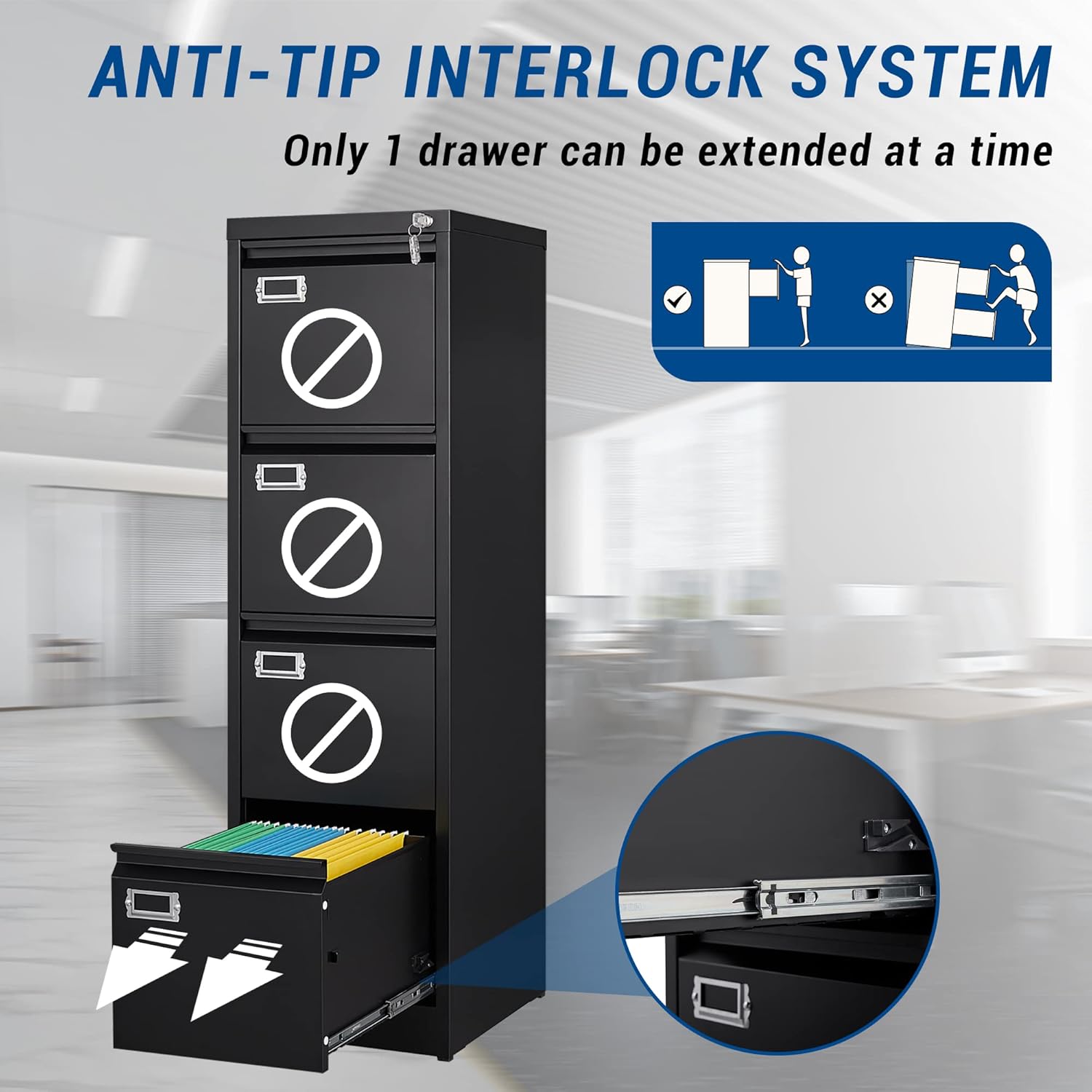 4 Drawers Vertical File Cabinets - Lateral Filing Cabinets - Metal Steel Lockable Storage Cabinets for Home Office to Hanging Files Letter/Legal/F4/A4 Size - Image 8