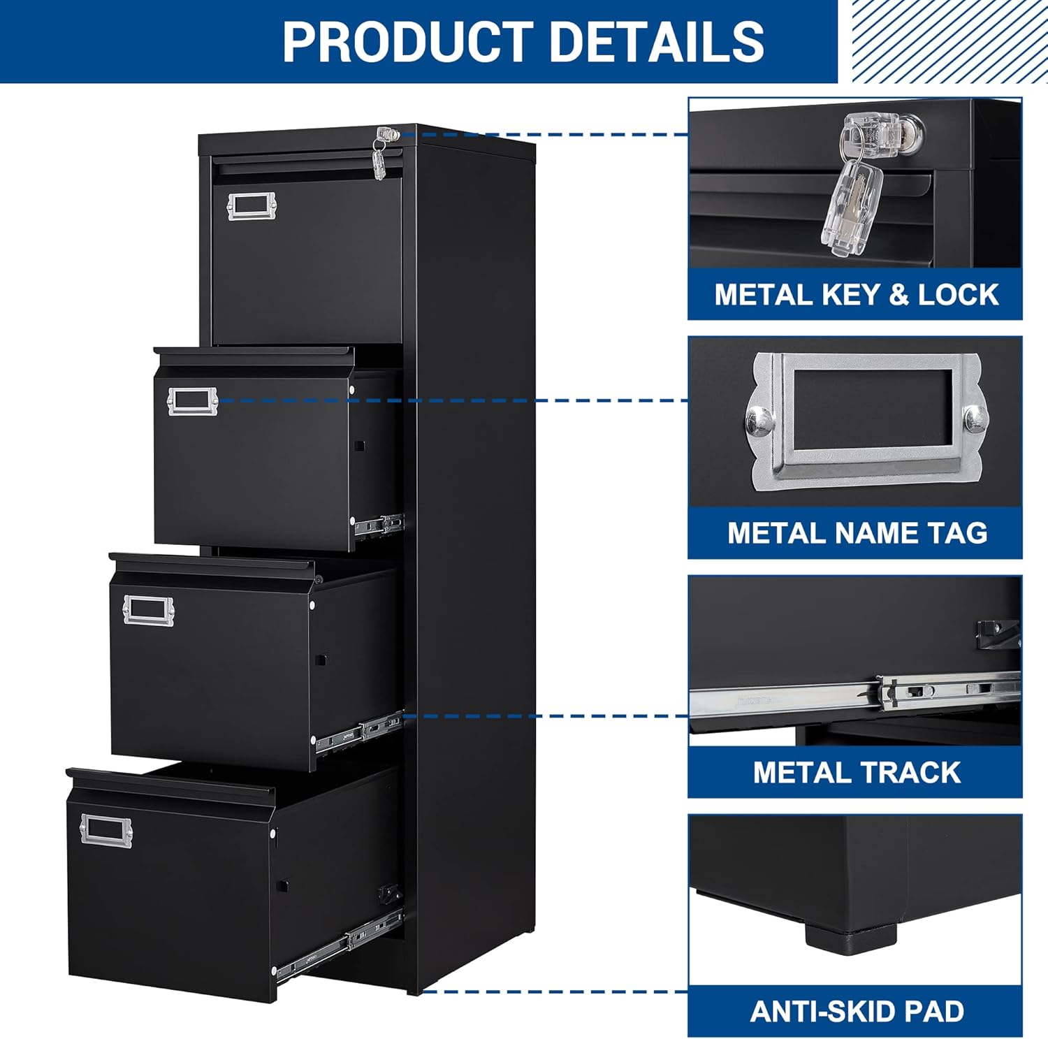4 Drawers Vertical File Cabinets - Lateral Filing Cabinets - Metal Steel Lockable Storage Cabinets for Home Office to Hanging Files Letter/Legal/F4/A4 Size - Image 10