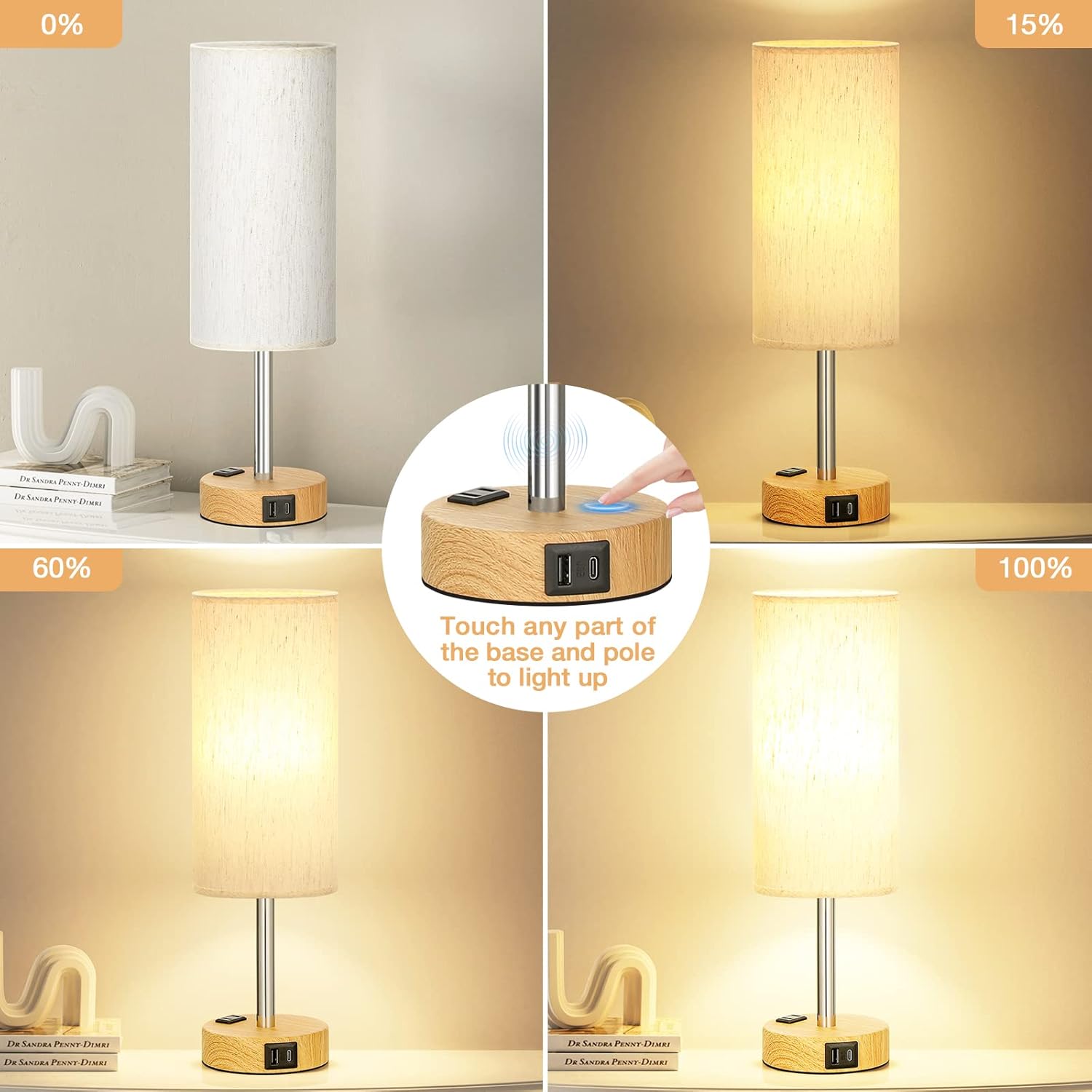 Bedside Table Lamp for Bedroom - 3 Way Dimmable Touch Lamp USB C Charging Ports and AC Outlet, Small Lamp Wood Base Round Flaxen Fabric Shade for Living Room, Desk, LED Bulb Included - Image 3