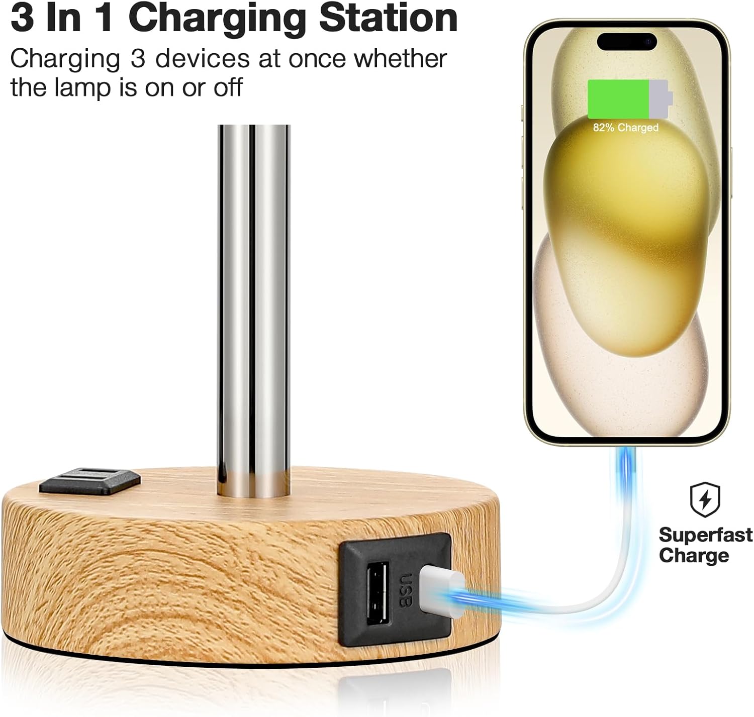 Bedside Table Lamp for Bedroom - 3 Way Dimmable Touch Lamp USB C Charging Ports and AC Outlet, Small Lamp Wood Base Round Flaxen Fabric Shade for Living Room, Desk, LED Bulb Included - Image 4