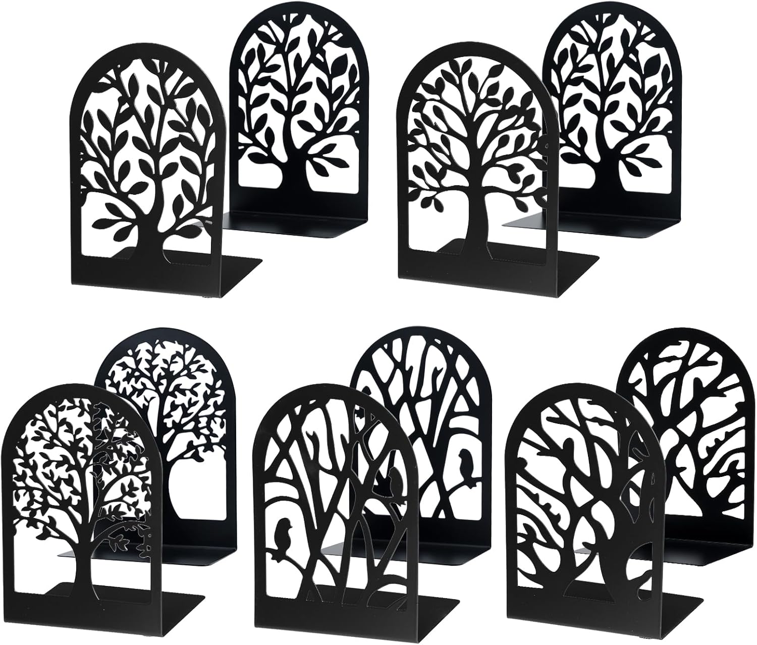 EOOUT Bookends for Shelves Decorative, 5 Pairs of Tree Bookends Supports, Black Metal Book Stoppers for Heavy Books, Heavy Duty Book Ends for Home Office School.
