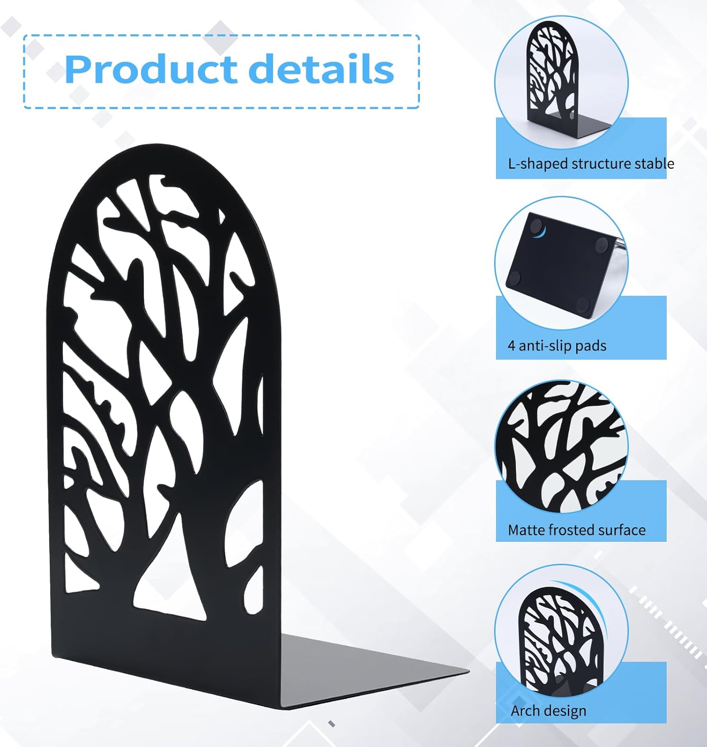 EOOUT Bookends for Shelves Decorative, 5 Pairs of Tree Bookends Supports, Black Metal Book Stoppers for Heavy Books, Heavy Duty Book Ends for Home Office School. - Image 3