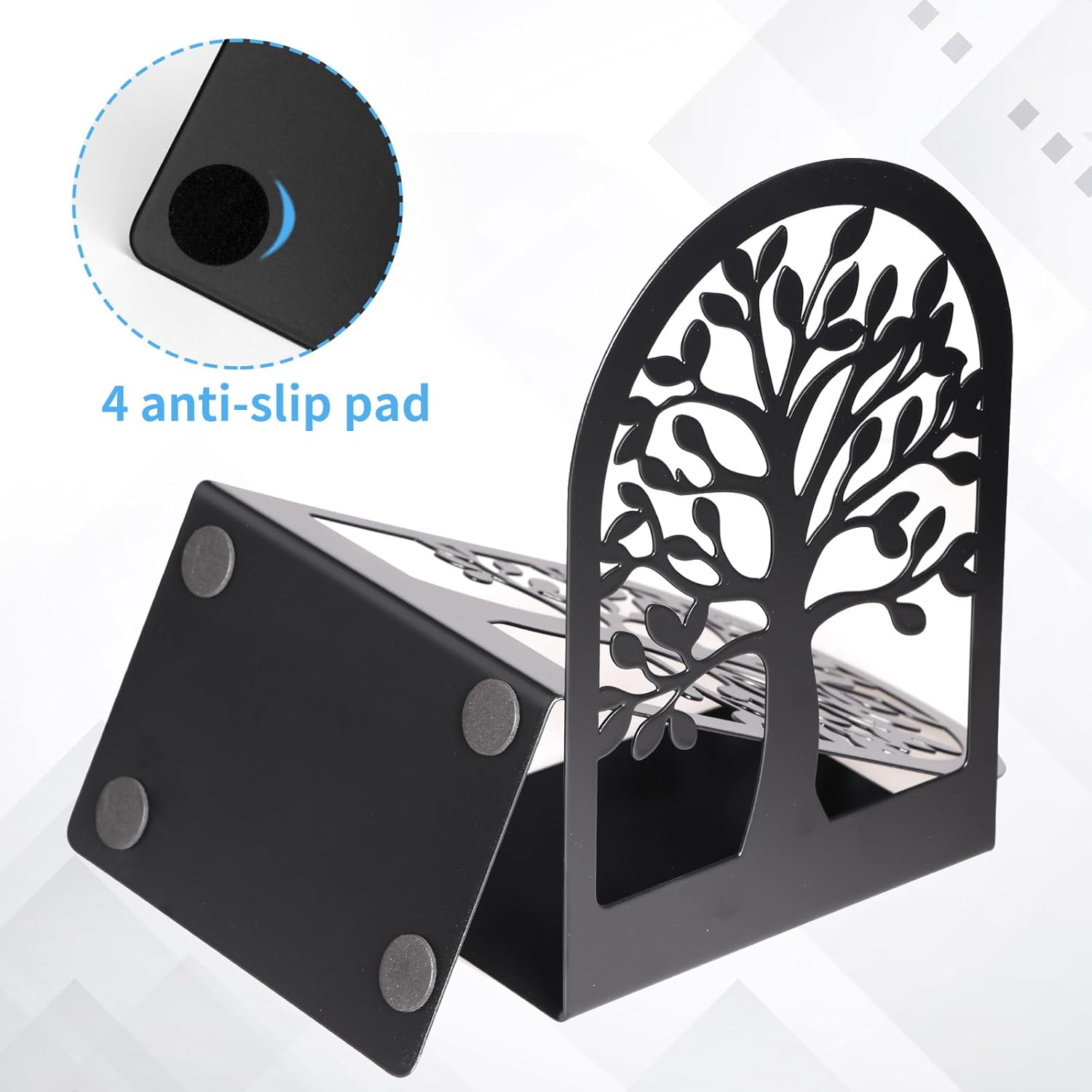 EOOUT Bookends for Shelves Decorative, 5 Pairs of Tree Bookends Supports, Black Metal Book Stoppers for Heavy Books, Heavy Duty Book Ends for Home Office School. - Image 4
