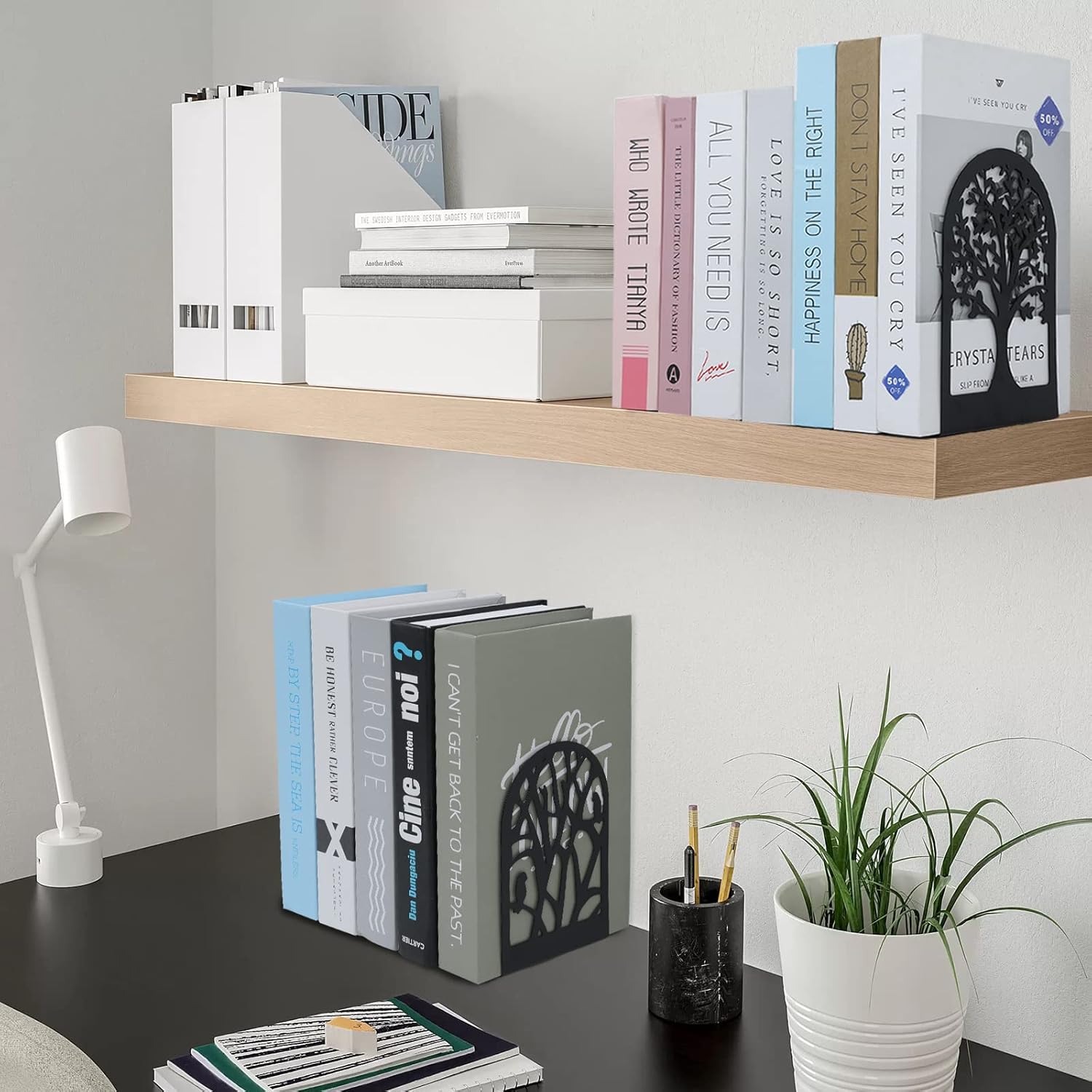 EOOUT Bookends for Shelves Decorative, 5 Pairs of Tree Bookends Supports, Black Metal Book Stoppers for Heavy Books, Heavy Duty Book Ends for Home Office School. - Image 5