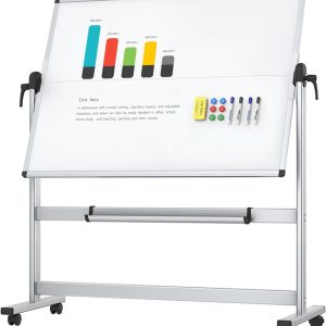 VIZ-PRO Double-Sided Mobile Whiteboard, 48 x 36 Inches, Magnetic Rolling Dry Erase White Board on Wheels with Aluminium Frame and Stand